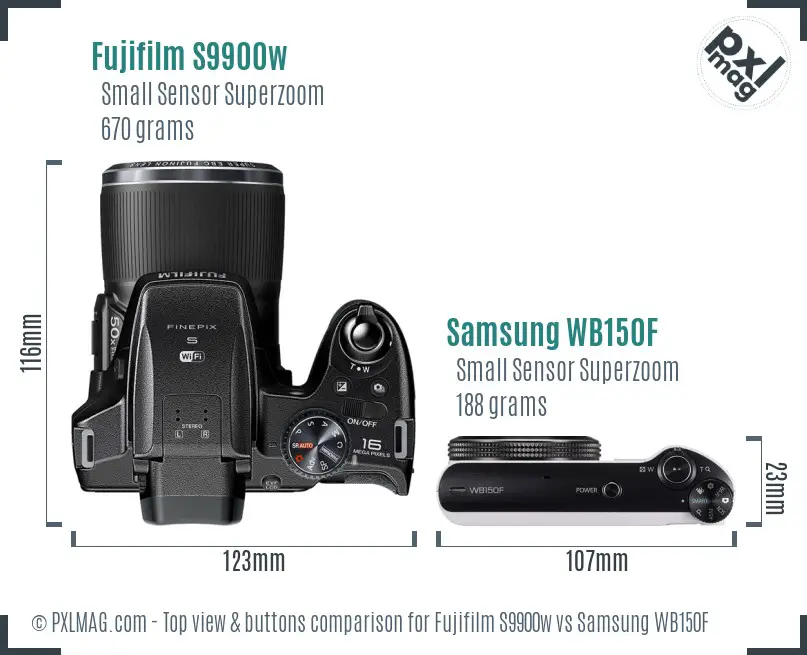 Fujifilm S9900w vs Samsung WB150F top view buttons comparison Fujifilm S9900w vs Samsung WB150F top view buttons comparison
