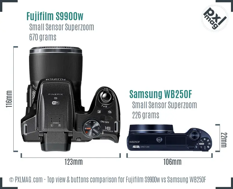 Fujifilm S9900w vs Samsung WB250F top view buttons comparison