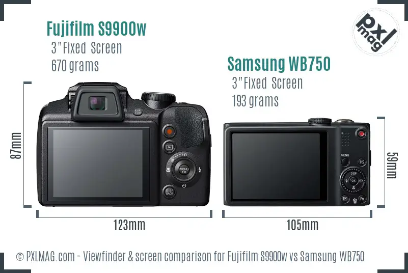 Fujifilm S9900w vs Samsung WB750 Screen and Viewfinder comparison