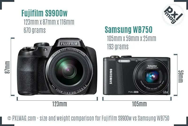 Fujifilm S9900w vs Samsung WB750 size comparison
