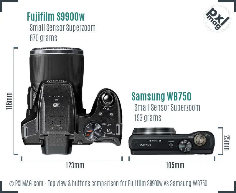 Fujifilm S9900w vs Samsung WB750 top view buttons comparison