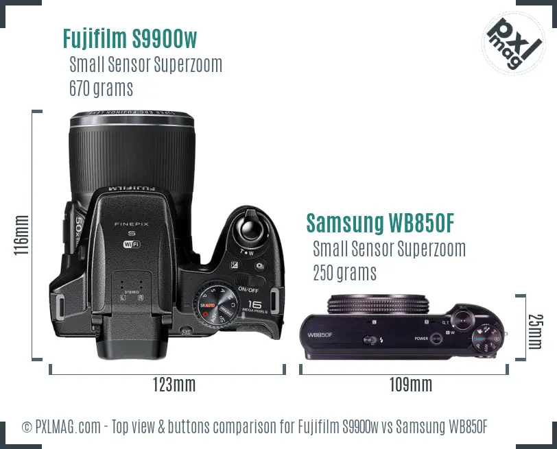 Fujifilm S9900w vs Samsung WB850F top view buttons comparison