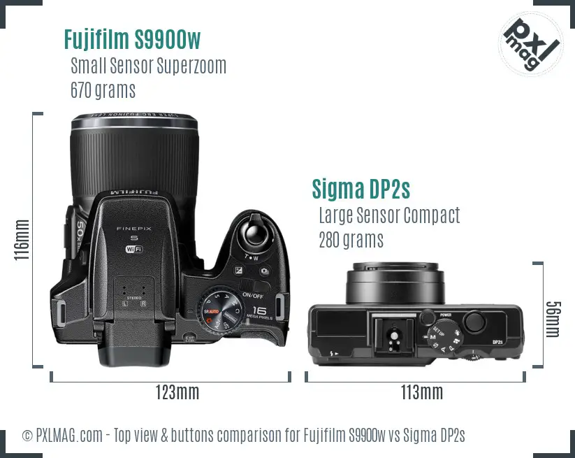 Fujifilm S9900w vs Sigma DP2s top view buttons comparison