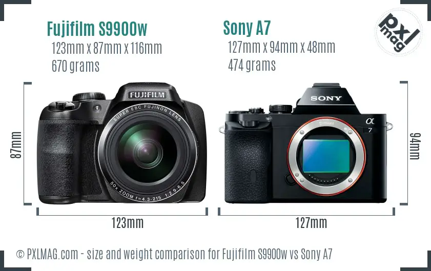 Fujifilm S9900w vs Sony A7 size comparison