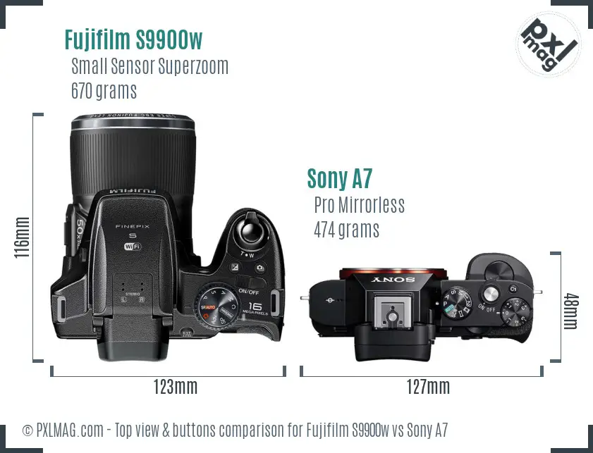 Fujifilm S9900w vs Sony A7 top view buttons comparison