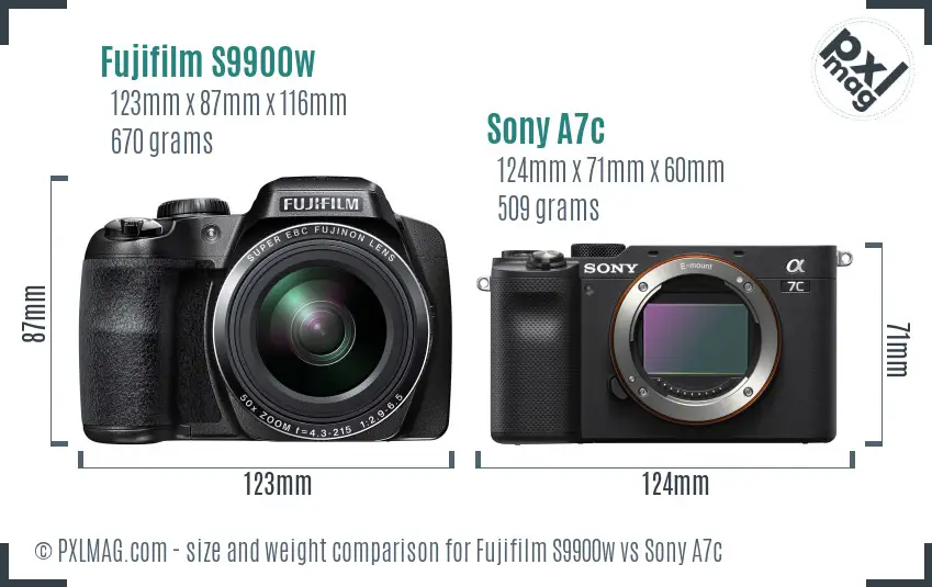 Fujifilm S9900w vs Sony A7c size comparison