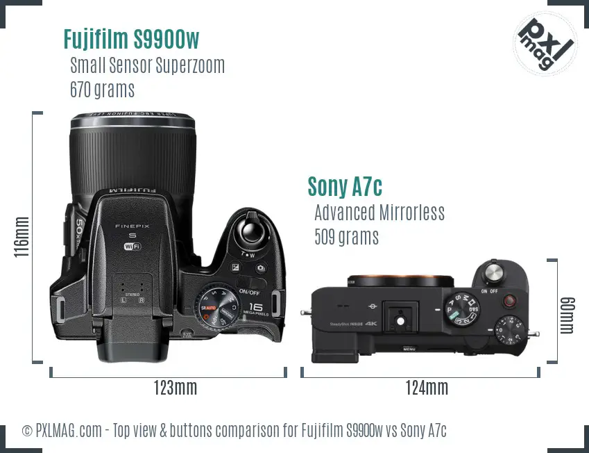 Fujifilm S9900w vs Sony A7c top view buttons comparison