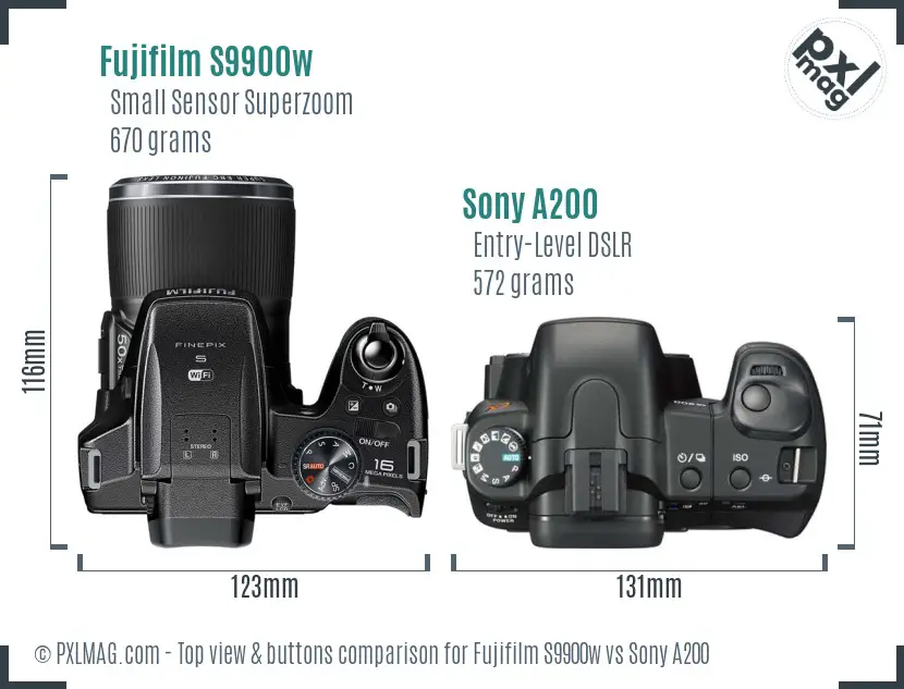 Fujifilm S9900w vs Sony A200 top view buttons comparison