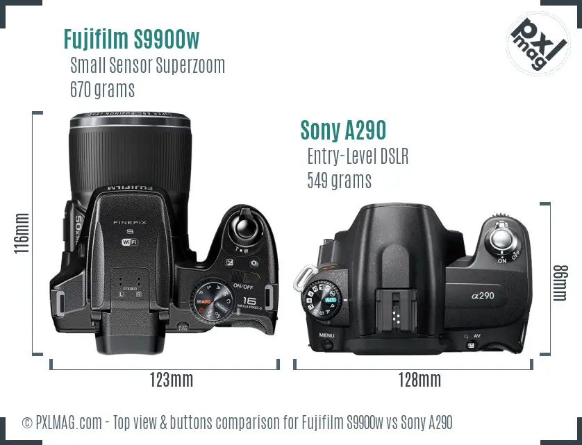 Fujifilm S9900w vs Sony A290 top view buttons comparison