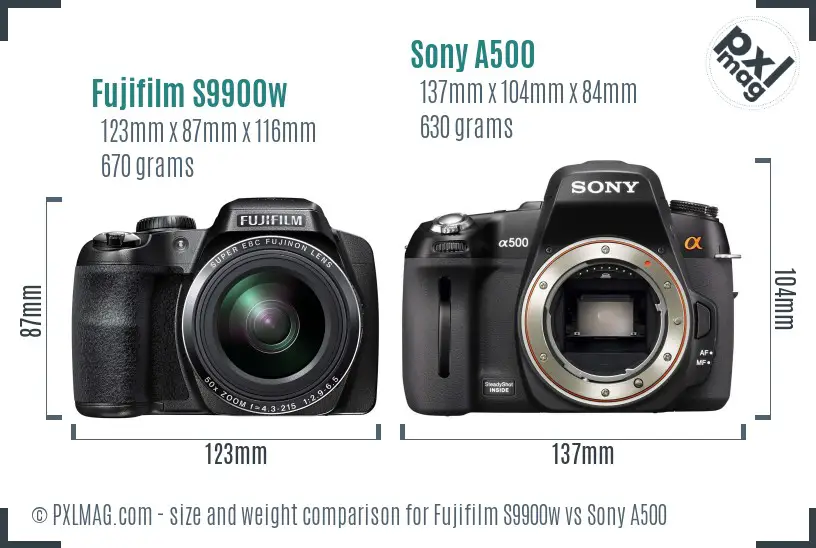 Fujifilm S9900w vs Sony A500 size comparison