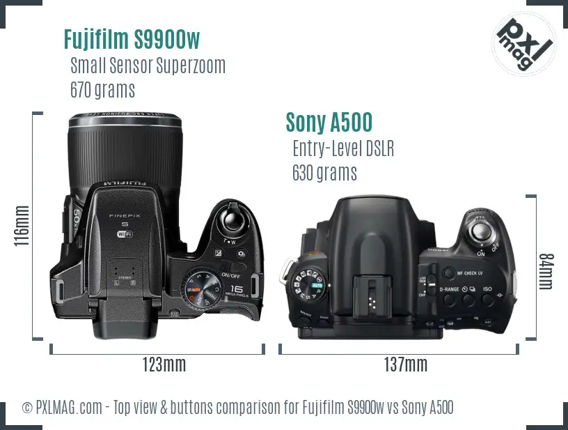 Fujifilm S9900w vs Sony A500 top view buttons comparison