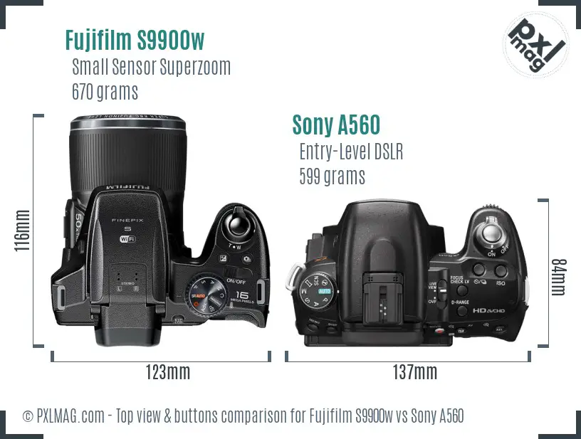 Fujifilm S9900w vs Sony A560 top view buttons comparison