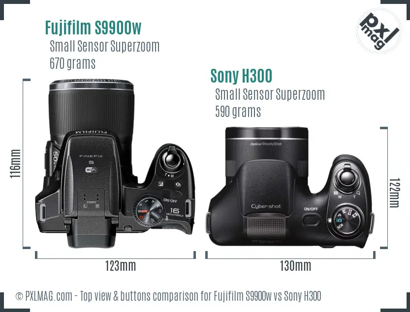 Fujifilm S9900w vs Sony H300 top view buttons comparison Fujifilm S9900w vs Sony H300 top view buttons comparison