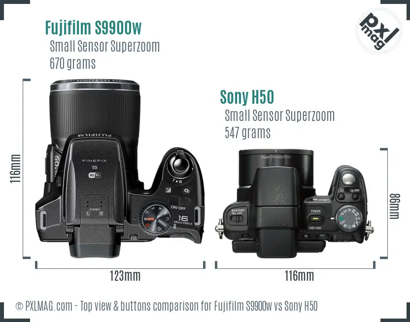 Fujifilm S9900w vs Sony H50 top view buttons comparison