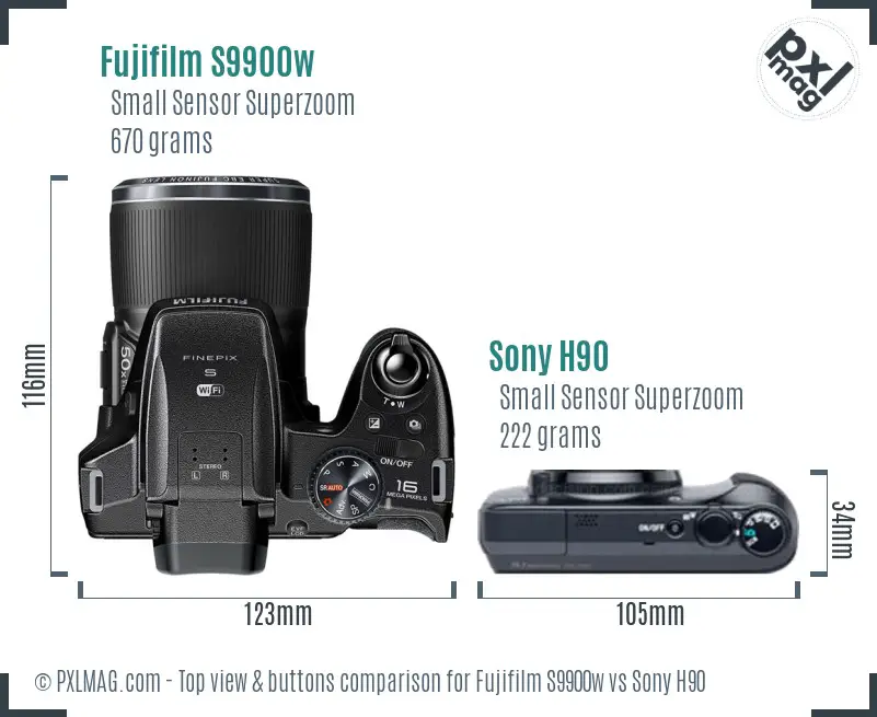 Fujifilm S9900w vs Sony H90 top view buttons comparison