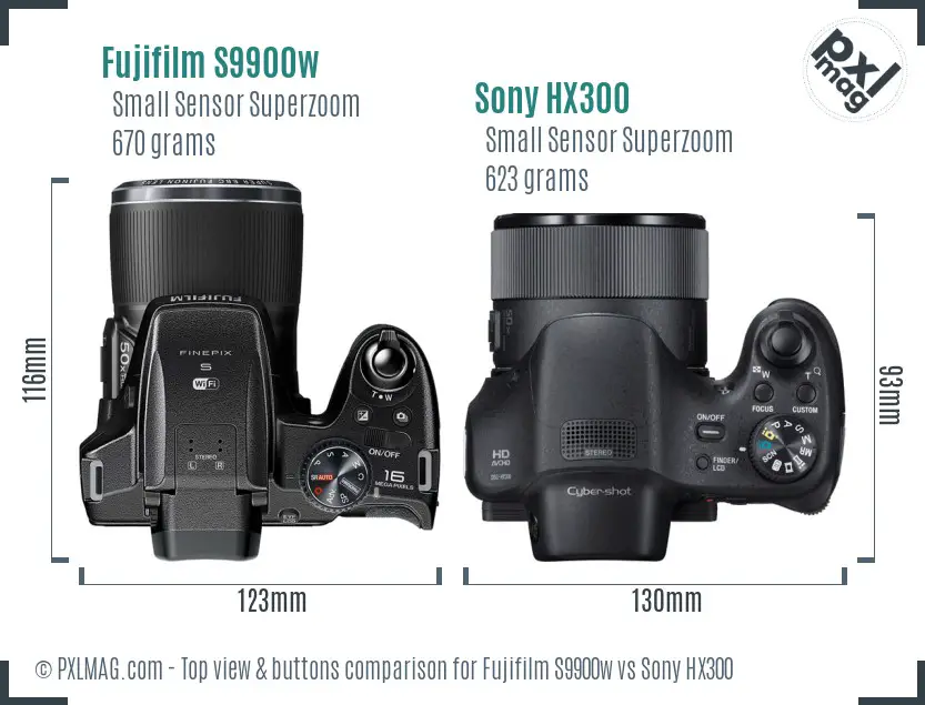 Fujifilm S9900w vs Sony HX300 top view buttons comparison Fujifilm S9900w vs Sony HX300 top view buttons comparison