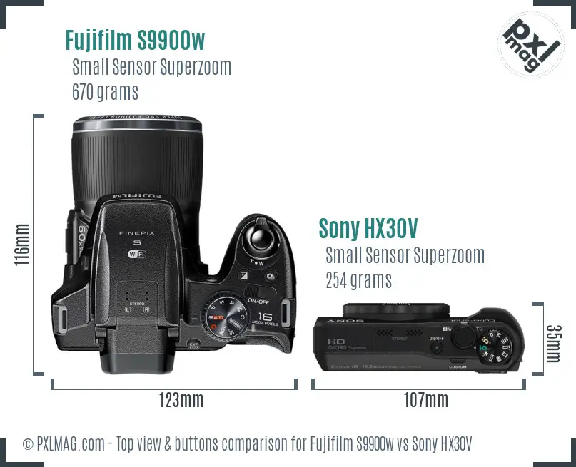 Fujifilm S9900w vs Sony HX30V top view buttons comparison