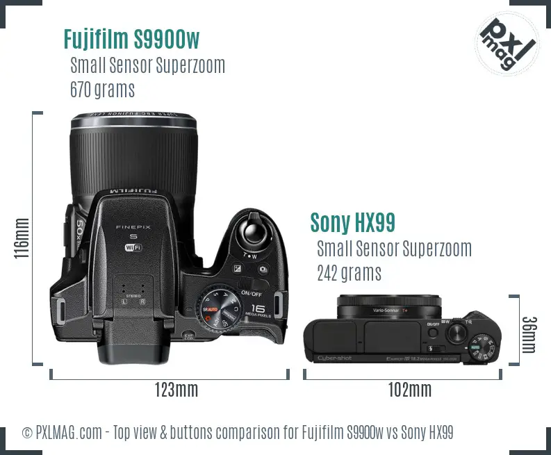 Fujifilm S9900w vs Sony HX99 top view buttons comparison