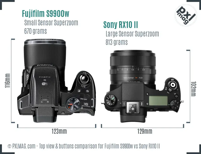 Fujifilm S9900w vs Sony RX10 II top view buttons comparison