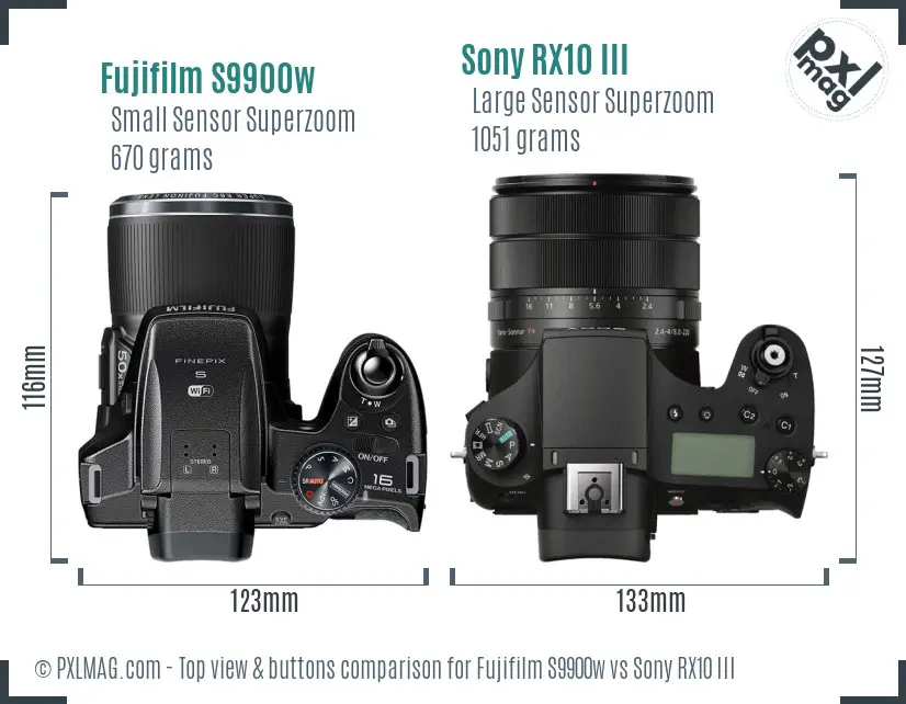 Fujifilm S9900w vs Sony RX10 III top view buttons comparison