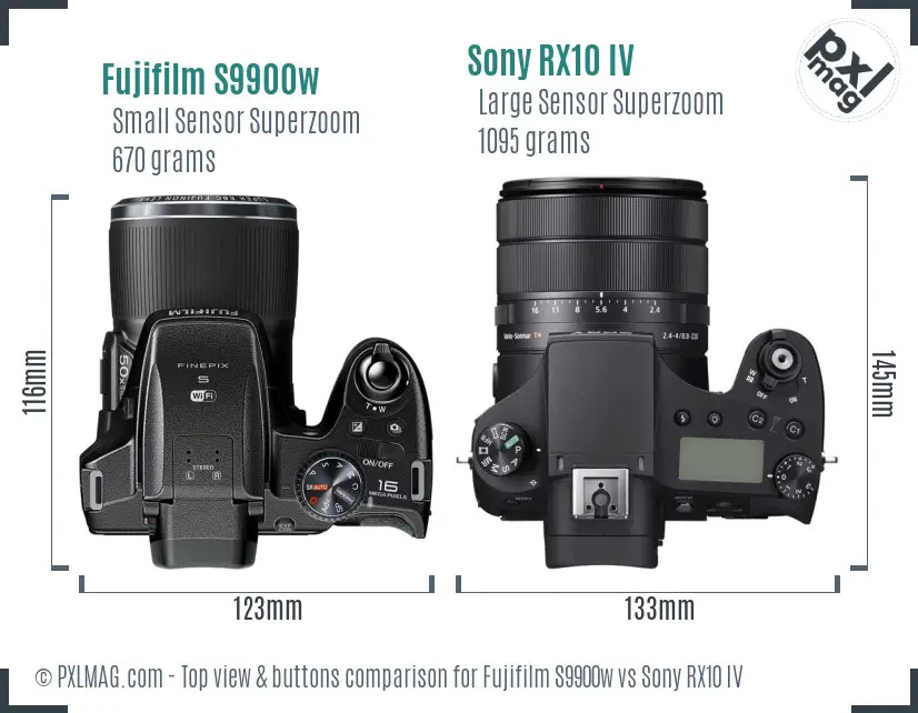 Fujifilm S9900w vs Sony RX10 IV top view buttons comparison