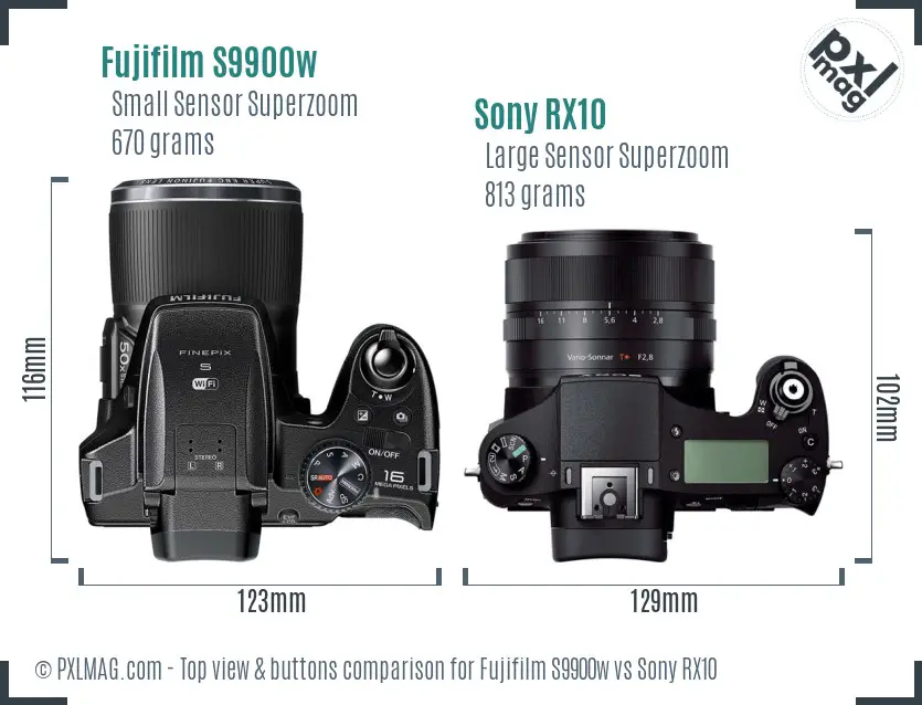 Fujifilm S9900w vs Sony RX10 top view buttons comparison