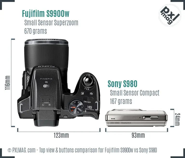 Fujifilm S9900w vs Sony S980 top view buttons comparison