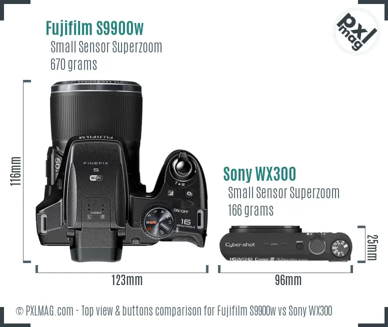 Fujifilm S9900w vs Sony WX300 top view buttons comparison Fujifilm S9900w vs Sony WX300 top view buttons comparison