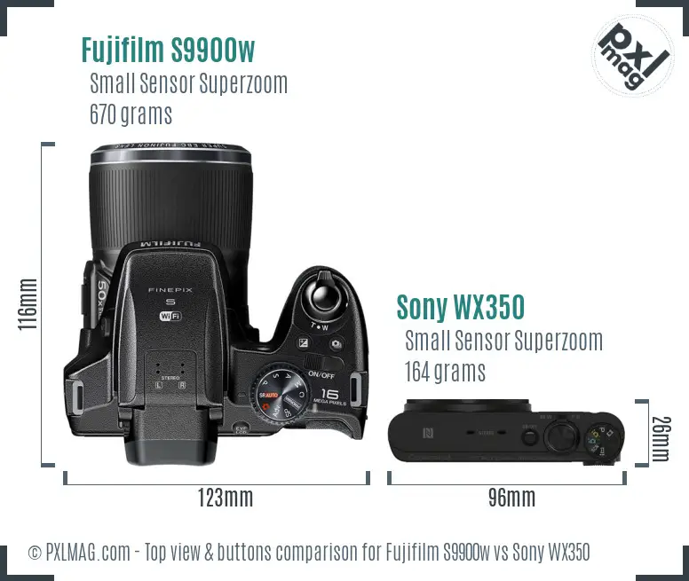 Fujifilm S9900w vs Sony WX350 top view buttons comparison Fujifilm S9900w vs Sony WX350 top view buttons comparison