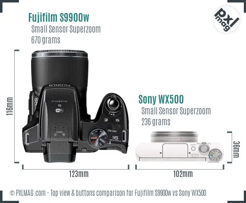 Fujifilm S9900w vs Sony WX500 top view buttons comparison