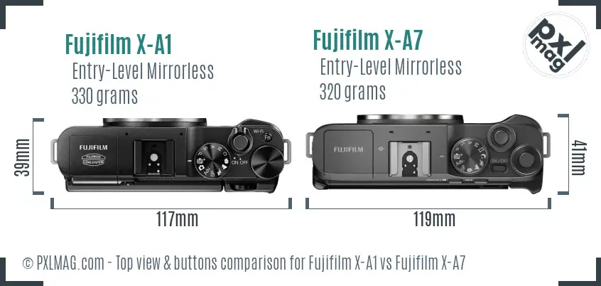 Fujifilm X-A1 vs Fujifilm X-A7 top view buttons comparison