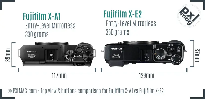 Fujifilm X-A1 vs Fujifilm X-E2 top view buttons comparison