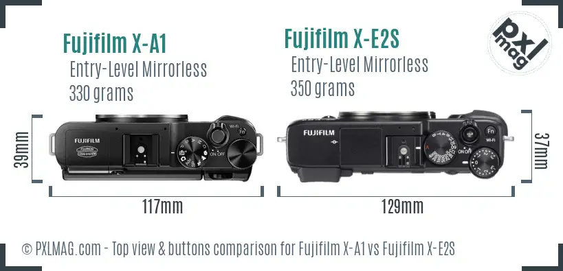 Fujifilm X-A1 vs Fujifilm X-E2S top view buttons comparison