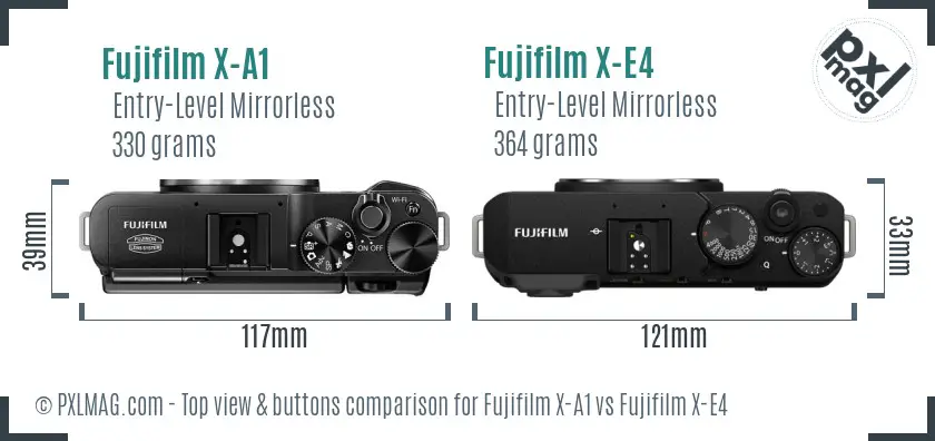 Fujifilm X-A1 vs Fujifilm X-E4 top view buttons comparison