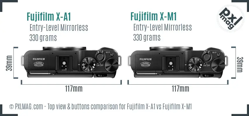 Fujifilm X-A1 vs Fujifilm X-M1 top view buttons comparison