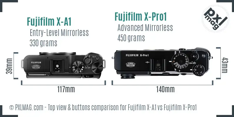 Fujifilm X-A1 vs Fujifilm X-Pro1 top view buttons comparison