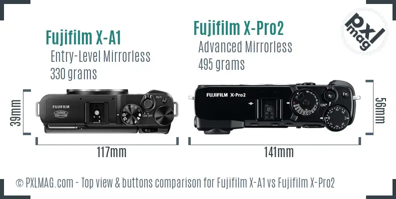 Fujifilm X-A1 vs Fujifilm X-Pro2 top view buttons comparison