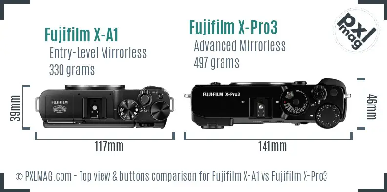 Fujifilm X-A1 vs Fujifilm X-Pro3 top view buttons comparison