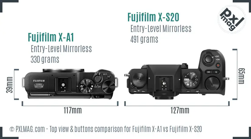 Fujifilm X-A1 vs Fujifilm X-S20 top view buttons comparison