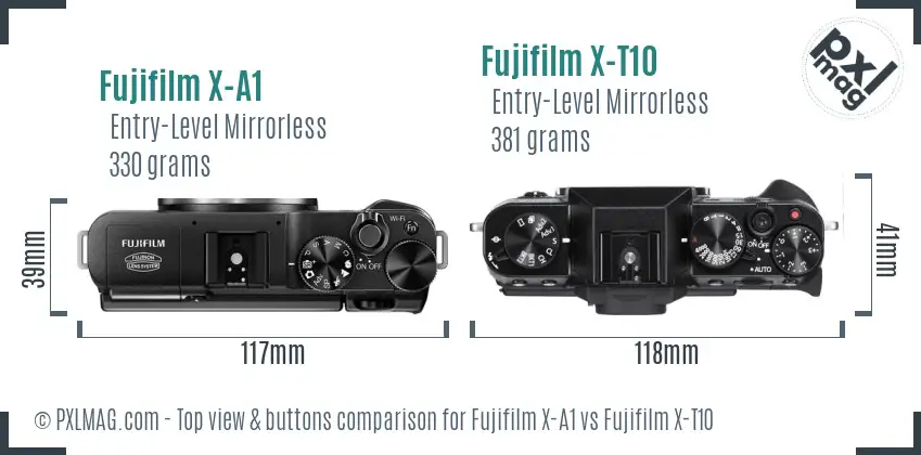 Fujifilm X-A1 vs Fujifilm X-T10 top view buttons comparison