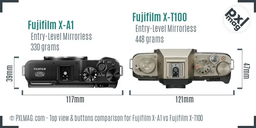 Fujifilm X-A1 vs Fujifilm X-T100 top view buttons comparison