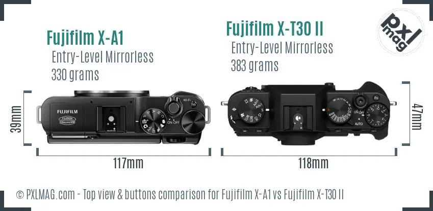Fujifilm X-A1 vs Fujifilm X-T30 II top view buttons comparison