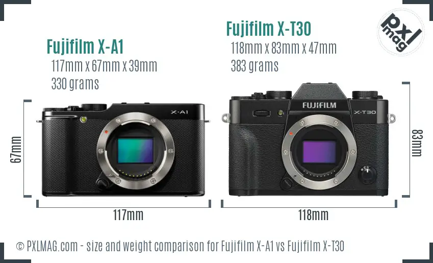 Fujifilm X-A1 vs Fujifilm X-T30 size comparison