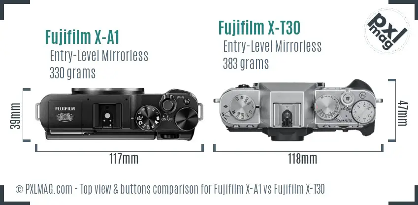Fujifilm X-A1 vs Fujifilm X-T30 top view buttons comparison