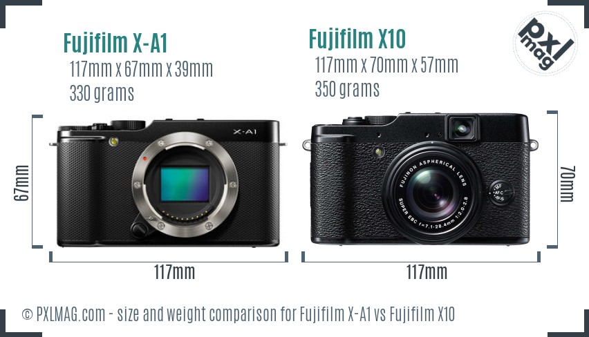 Fujifilm X-A1 vs Fujifilm X10 size comparison