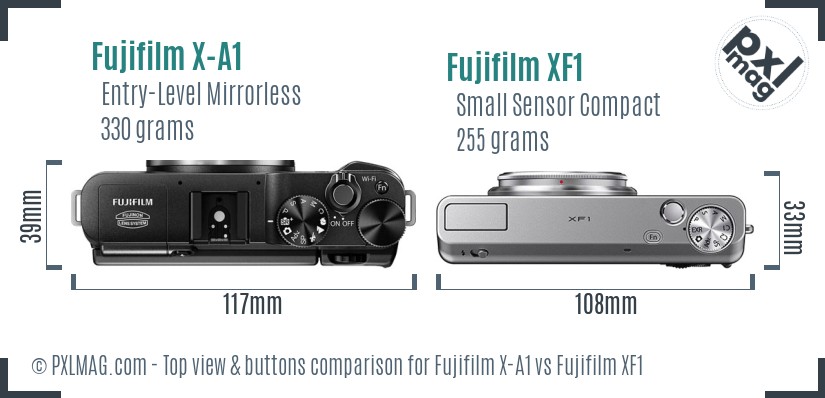 Fujifilm X-A1 vs Fujifilm XF1 top view buttons comparison