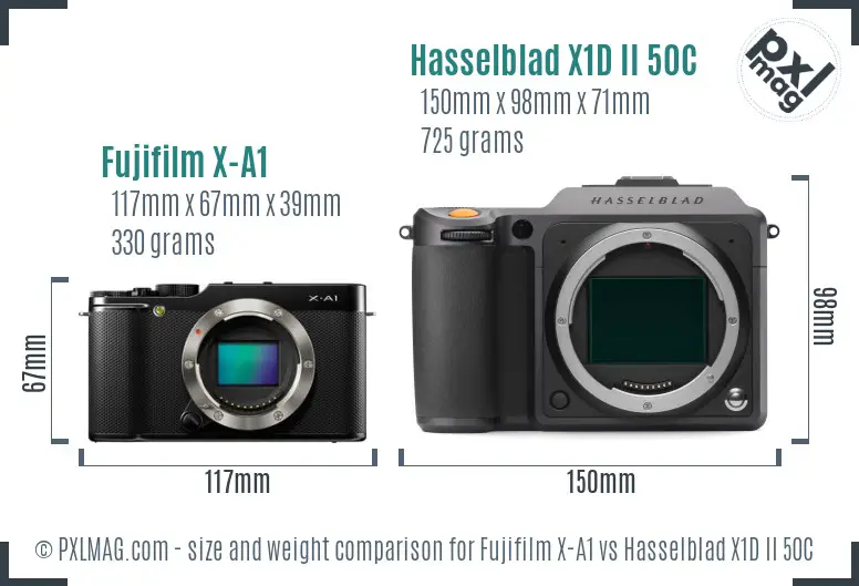 Fujifilm X-A1 vs Hasselblad X1D II 50C size comparison