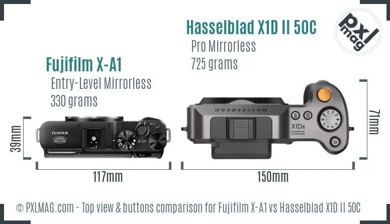 Fujifilm X-A1 vs Hasselblad X1D II 50C top view buttons comparison