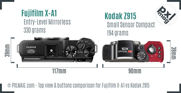 Fujifilm X-A1 vs Kodak Z915 top view buttons comparison