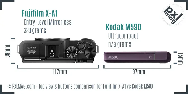 Fujifilm X-A1 vs Kodak M590 top view buttons comparison